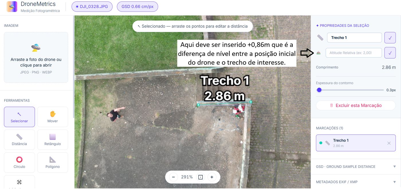 Painel do DroneMetrics sem altitude relativa: perímetro 2,86 m